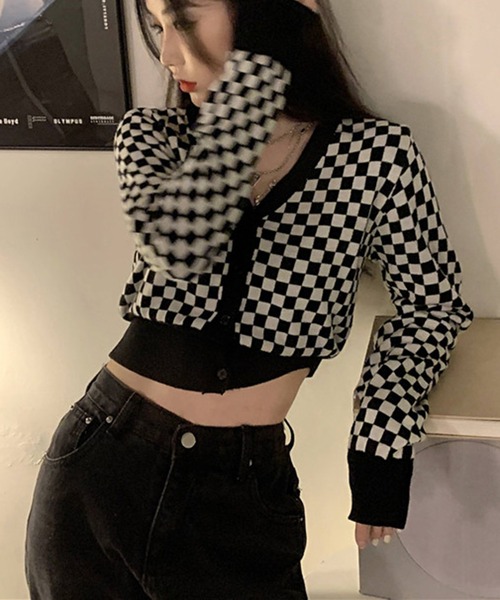 Jewelobe（ジュエローブ）の「チェッカー柄コンパクトカーディガン（カーディガン/ボレロ・レディース・ブラック/グリーン・FREE）」の22枚目の写真