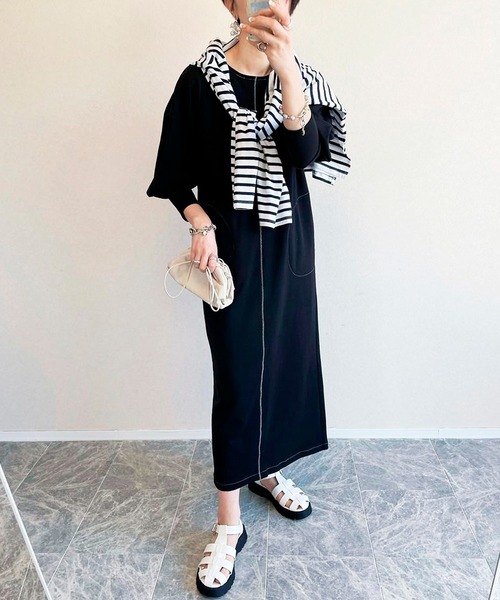 CIENA（シエナ）の「配色ステッチコクーンカットワンピース（ワンピース・レディース・ブラック/ベージュ・FREE）」の2枚目の写真