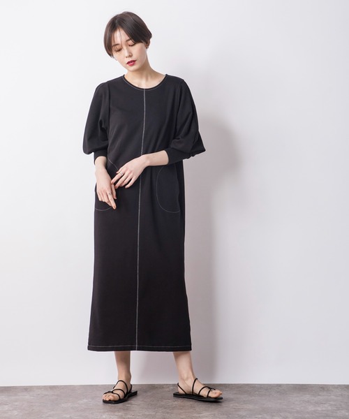 CIENA（シエナ）の「配色ステッチコクーンカットワンピース（ワンピース・レディース・ブラック/ベージュ・FREE）」の6枚目の写真