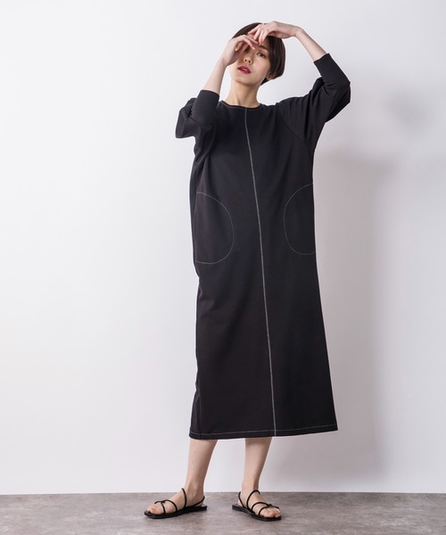CIENA（シエナ）の「配色ステッチコクーンカットワンピース（ワンピース・レディース・ブラック/ベージュ・FREE）」の9枚目の写真
