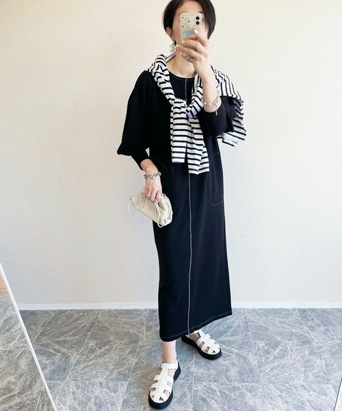 CIENA（シエナ）の「配色ステッチコクーンカットワンピース（ワンピース・レディース・ブラック/ベージュ・FREE）」の16枚目の写真