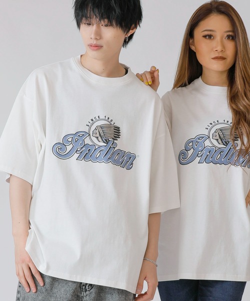 INDIAN MOTOCYCLE(インディアンモトサイクル)の「INDIAN × ADMIX-Japan 16/- 空紡糸コットン インディアン オリジナル 半袖 Tシャツ(Tシャツ/カットソー・メンズ・グレイッシュブルー/ホワイト/グリーン・50/48)」の1枚目の写真