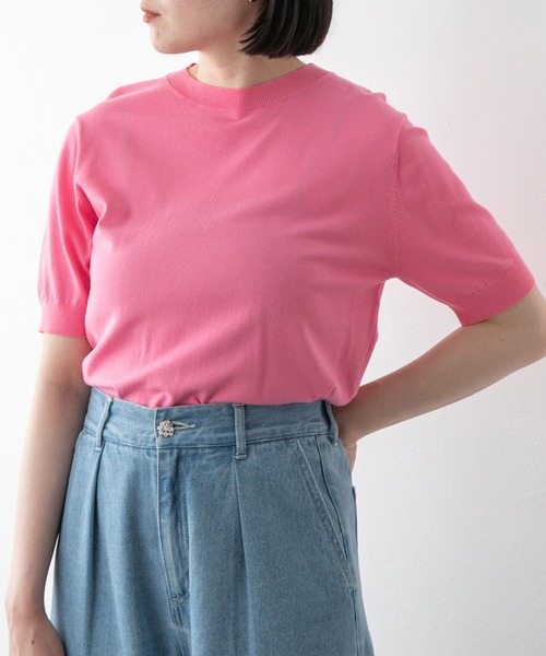 VIS(ビス)の「【接触冷感】ハーフスリーブベーシックニット(ニット/セーター・レディース・ブラック/ホワイト/ブラウン系その他2/グリーン/ピンク系その他2・FREE)」の1枚目の写真