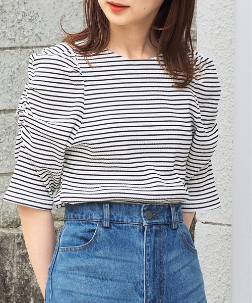 tiptop(ティップトップ)の「テレコボーダーパワショルプルオーバー(Tシャツ/カットソー・レディース・オフホワイト/レッド/イエロー・FREE)」の1枚目の写真