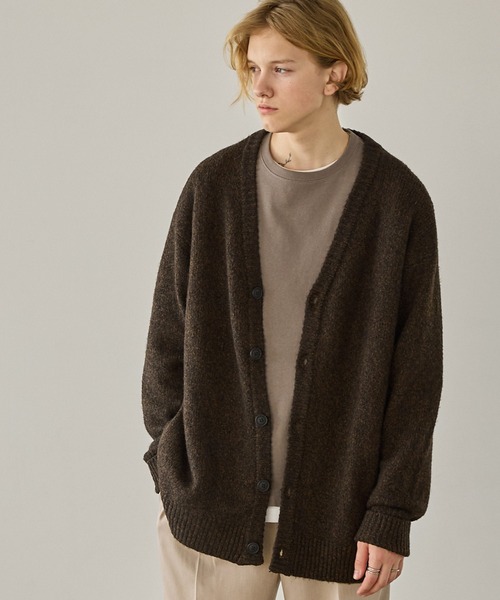 「EMMA CLOTHES」アッシュブラウン モヘアライク カーディガン メランジウール混モヘアライク ロールアップ ルーズオーバーニット