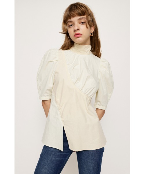 SLY(スライ)の「ASYMMETRY GATHER TIE TOPS アシンメトリー ギャザータイ トップス(シャツ/ブラウス・レディース・ホワイト/ダークグリーン・FREE)」の1枚目の写真