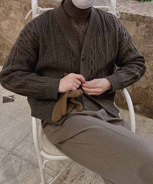 ASCLO（エジュクロ）の「ASCLO [ASCLO MADE]Fisherman Air Wool Crop Cardigan（カーディガン/ボレロ・メンズ・ブラウン/ベージュ・FREE）」の2枚目の写真