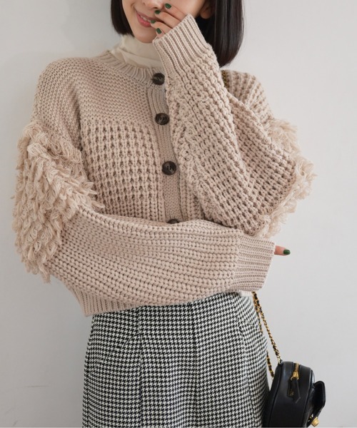 FREE'S MART（フリーズマート）の「◆編地ミックスショート丈ニットカーディガン（カーディガン/ボレロ・レディース・ホワイト/ブラウン/ベージュ・FREE）」の3枚目の写真
