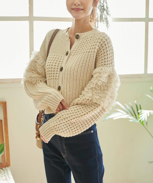FREE'S MART（フリーズマート）の「◆編地ミックスショート丈ニットカーディガン（カーディガン/ボレロ・レディース・ホワイト/ブラウン/ベージュ・FREE）」の2枚目の写真