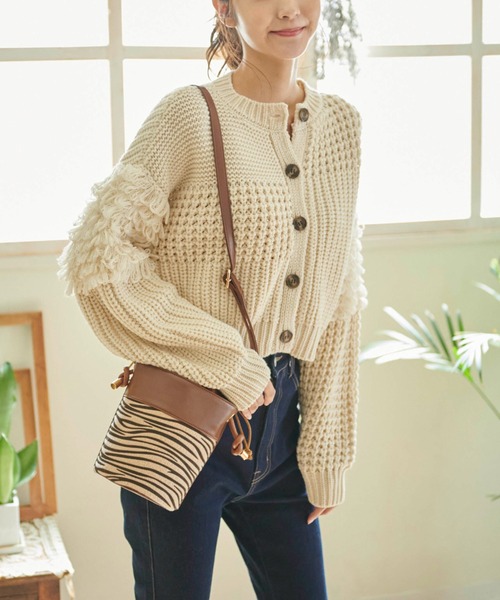 FREE'S MART（フリーズマート）の「◆編地ミックスショート丈ニットカーディガン（カーディガン/ボレロ・レディース・ホワイト/ブラウン/ベージュ・FREE）」の4枚目の写真