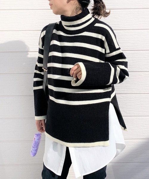 Q（キュー）の「モノトーンボーダータートルニット（ニット/セーター・レディース・ブラック系その他/ホワイト系その他・MEDIUM）」の2枚目の写真