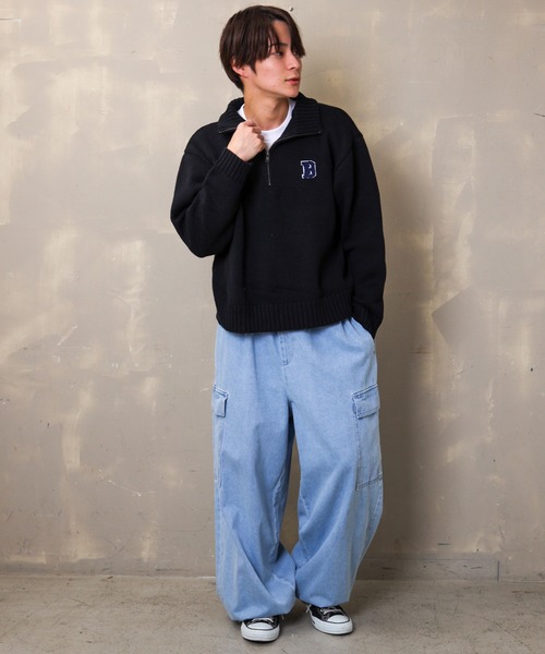 SPINNS（スピンズ）の「【ビッグシルエット】ワンポイントロゴ ハーフジップニット（ニット/セーター・メンズ・アイボリー/グリーン/グレー/ブラック・ONESIZE）」の19枚目の写真