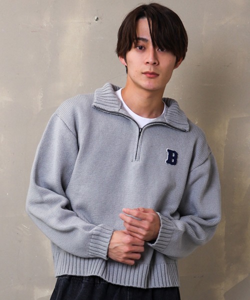 SPINNS（スピンズ）の「【ビッグシルエット】ワンポイントロゴ ハーフジップニット（ニット/セーター・メンズ・アイボリー/グリーン/グレー/ブラック・ONESIZE）」の11枚目の写真