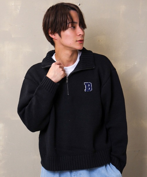 SPINNS（スピンズ）の「【ビッグシルエット】ワンポイントロゴ ハーフジップニット（ニット/セーター・メンズ・アイボリー/グリーン/グレー/ブラック・ONESIZE）」の7枚目の写真