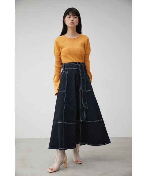 AZUL by moussy(アズールバイマウジー)の「STITCH DENIM FLARE SKIRT/ステッチデニムフレアスカート(デニムスカート・レディース・ワンウォッシュ/オフホワイト・MEDIUM/SMALL)」の3枚目の写真