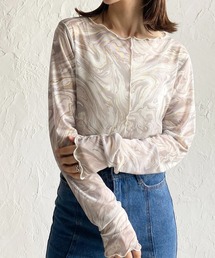 She's Closet（シーズクローゼット）の「マーブル水彩柄前後2way配色ライン長袖ボートネックメロウシアートップス（Tシャツ/カットソー）」