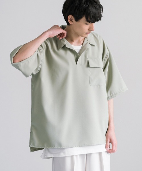 Rocky Monroe(ロッキーモンロー)の「オーバーサイズ プルオーバー スキッパー半袖シャツ(シャツ/ブラウス・メンズ・ライトグリーン/ライトグレー/ホワイト/ブラック/ブルー・M/L/XL)」の4枚目の写真