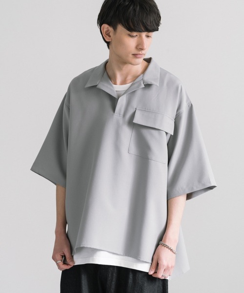 Rocky Monroe(ロッキーモンロー)の「オーバーサイズ プルオーバー スキッパー半袖シャツ(シャツ/ブラウス・メンズ・ライトグリーン/ライトグレー/ホワイト/ブラック/ブルー・M/L/XL)」の3枚目の写真