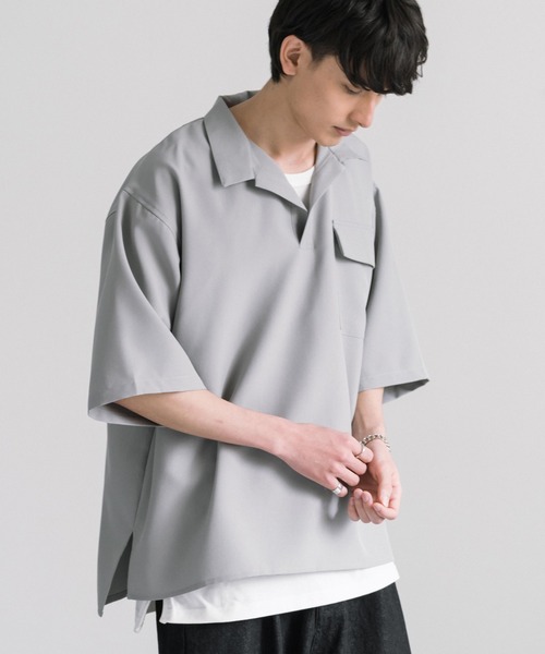 Rocky Monroe(ロッキーモンロー)の「オーバーサイズ プルオーバー スキッパー半袖シャツ(シャツ/ブラウス・メンズ・ライトグリーン/ライトグレー/ホワイト/ブラック/ブルー・M/L/XL)」の7枚目の写真