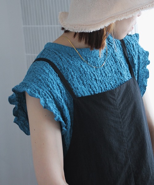 Crisp（クリスプ）の「ジャカードフリルフレンチブラウス（シャツ/ブラウス・レディース・グリーン/ホワイト/ブルー・FREE）」の3枚目の写真