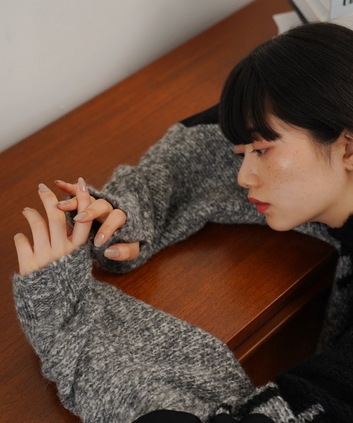 Aphlotus（アプロタス）の「ハイネック エルボーパッチ付き アームウォーマースリーブ グラフィック メランジニット（ニット/セーター・メンズ・グレー系その他/ブラウン系その他・MEDIUM/LARGE）」の12枚目の写真