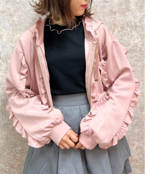 axes femme（アクシーズファム）の「フリルデザインジップパーカー（パーカー・レディース・ピンク/サックスブルー/キナリ/ブラック/ラベンダー・FREE）」の5枚目の写真