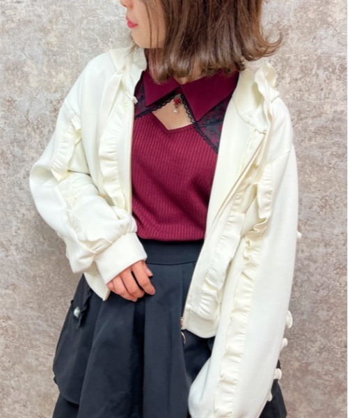 axes femme（アクシーズファム）の「フリルデザインジップパーカー（パーカー・レディース・ピンク/サックスブルー/キナリ/ブラック/ラベンダー・FREE）」の2枚目の写真