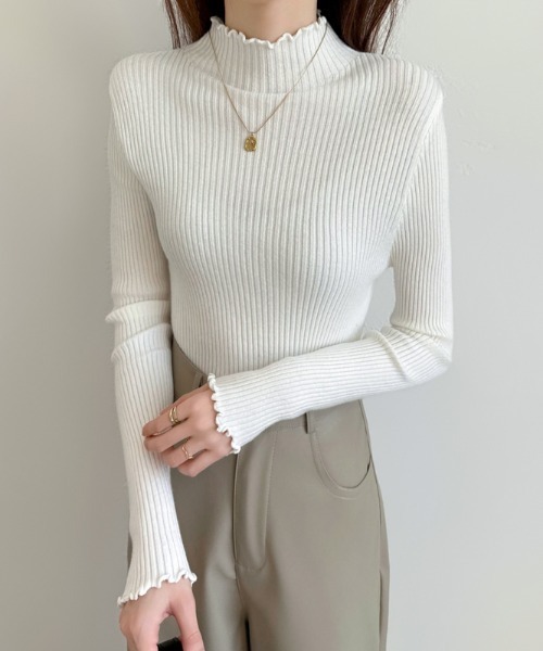 セール】リブニット ハイネック ニットトップス メローデザイン