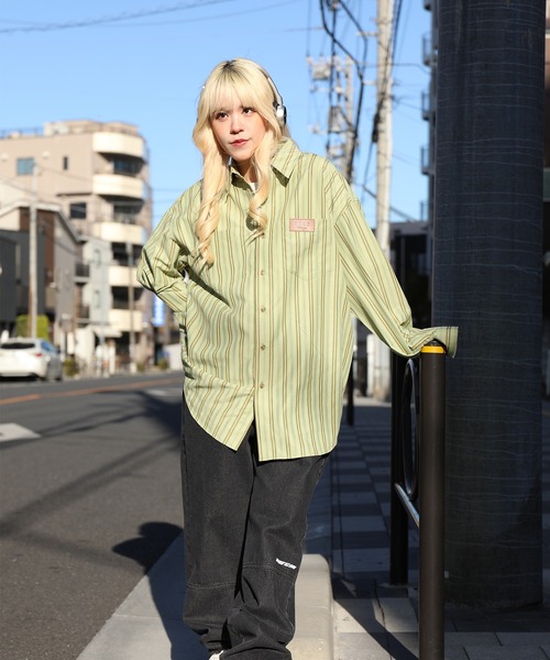 HOOK（フック）の「HOOK -original-　古着風ストライプ総柄ビッグシャツ（シャツ/ブラウス・メンズ・ライトグリーン/ベージュ/ブラック/ホワイト/ネイビー/ブルー/ダークベージュ/グリーン/ピンク・M/XL/L）」の7枚目の写真