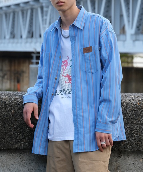 HOOK（フック）の「HOOK -original-　古着風ストライプ総柄ビッグシャツ（シャツ/ブラウス・メンズ・ライトグリーン/ベージュ/ブラック/ホワイト/ネイビー/ブルー/ダークベージュ/グリーン/ピンク・M/XL/L）」の10枚目の写真