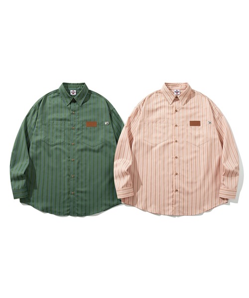 HOOK（フック）の「HOOK -original-　古着風ストライプ総柄ビッグシャツ（シャツ/ブラウス・メンズ・ライトグリーン/ベージュ/ブラック/ホワイト/ネイビー/ブルー/ダークベージュ/グリーン/ピンク・M/XL/L）」の21枚目の写真