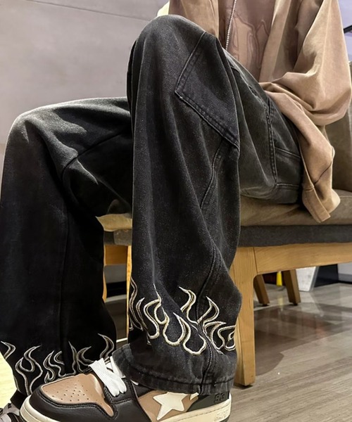 SHEPP（シープ）の「Y2K  ファイヤモチーフ ワイドデニム（デニムパンツ・メンズ・ブラック/ブルー・M/L/XL）」の7枚目の写真