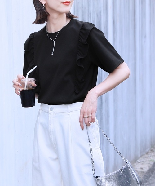 reca(レカ)の「ハニカムフリルTシャツ(Tシャツ/カットソー・レディース・ベージュ/ホワイト/ブラック・FREE)」の11枚目の写真