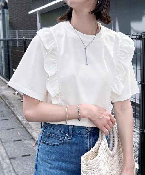 reca(レカ)の「ハニカムフリルTシャツ(Tシャツ/カットソー・レディース・ベージュ/ホワイト/ブラック・FREE)」の4枚目の写真