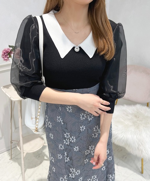 apres jour（アプレジュール）の「オーガンジーパフスリーブニットトップス【ZOZOTOWN限定アイテム】（ニット/セーター・レディース・ピンク/ブルーグレー/ブラック・フリー/X-LARGE）」の4枚目の写真