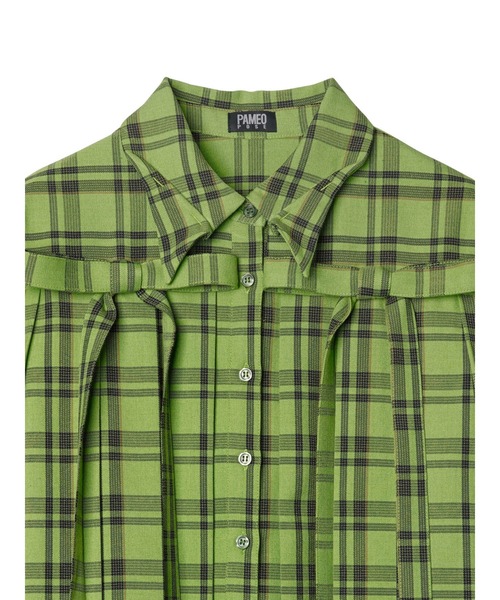 ●●最終価格●●【PAMEO POSE】PLAID PAJAMA SHIRTS PAMEO POSE（パメオポーズ）の「Plaid Ribbon Pleated Shirt（シャツ
