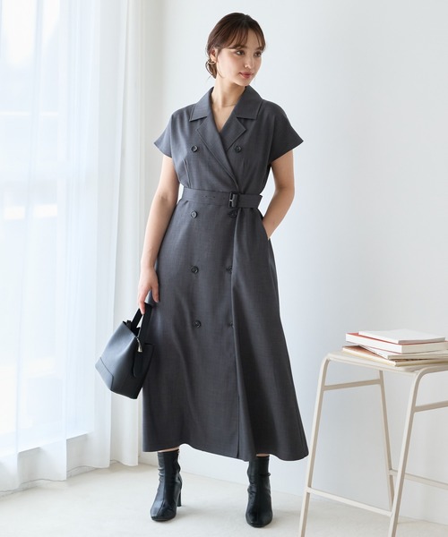 Andemiu(アンデミュウ)の「トレンチワンピースフレンチスリーブ142302(ワンピース・レディース・チャコールグレー/ベージュ/グリーン・FREE)」の2枚目の写真