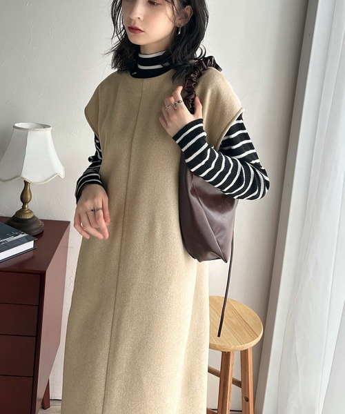 classicalelf（クラシカルエルフ）の「１枚で着回し力抜群。前後2wayフェイクウール素材ハーフジップワンピース（ワンピース・レディース・ブラック/ベージュ・X-LARGE/MEDIUM/LARGE/SMALL）」の14枚目の写真