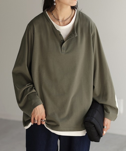 HUG.U(ハグユー)の「フェイクレイヤードロンT(Tシャツ/カットソー・レディース・ブラック/カーキ/ダークグレー/ネイビー/ライトグレー・FREE)」の4枚目の写真