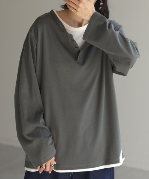 HUG.U(ハグユー)の「フェイクレイヤードロンT(Tシャツ/カットソー・レディース・ブラック/カーキ/ダークグレー/ネイビー/ライトグレー・FREE)」の3枚目の写真