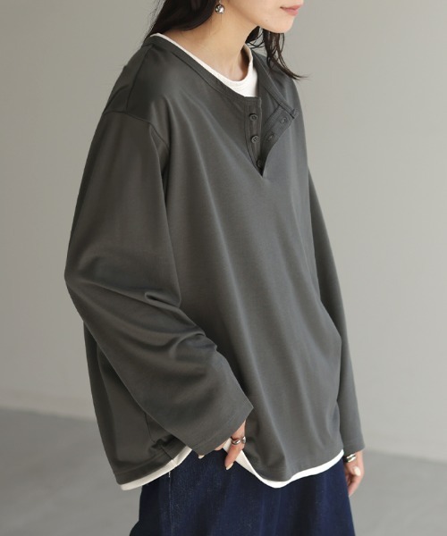 HUG.U(ハグユー)の「フェイクレイヤードロンT(Tシャツ/カットソー・レディース・ブラック/カーキ/ダークグレー/ネイビー/ライトグレー・FREE)」の10枚目の写真