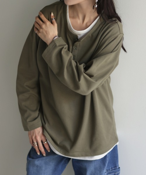 HUG.U(ハグユー)の「フェイクレイヤードロンT(Tシャツ/カットソー・レディース・ブラック/カーキ/ダークグレー/ネイビー/ライトグレー・FREE)」の7枚目の写真