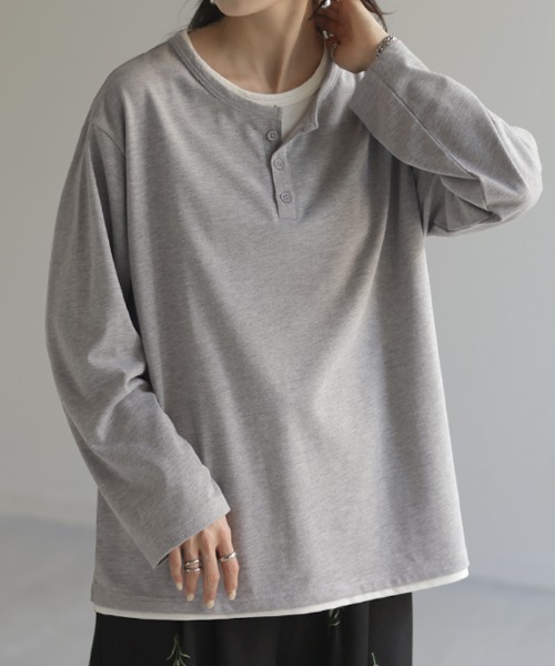 HUG.U(ハグユー)の「フェイクレイヤードロンT(Tシャツ/カットソー・レディース・ブラック/カーキ/ダークグレー/ネイビー/ライトグレー・FREE)」の8枚目の写真
