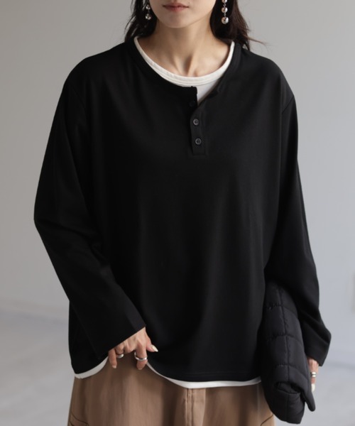 HUG.U(ハグユー)の「フェイクレイヤードロンT(Tシャツ/カットソー・レディース・ブラック/カーキ/ダークグレー/ネイビー/ライトグレー・FREE)」の16枚目の写真
