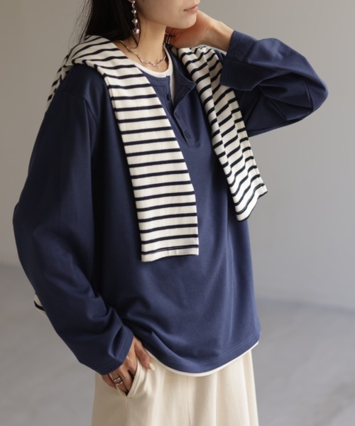 HUG.U(ハグユー)の「フェイクレイヤードロンT(Tシャツ/カットソー・レディース・ブラック/カーキ/ダークグレー/ネイビー/ライトグレー・FREE)」の13枚目の写真