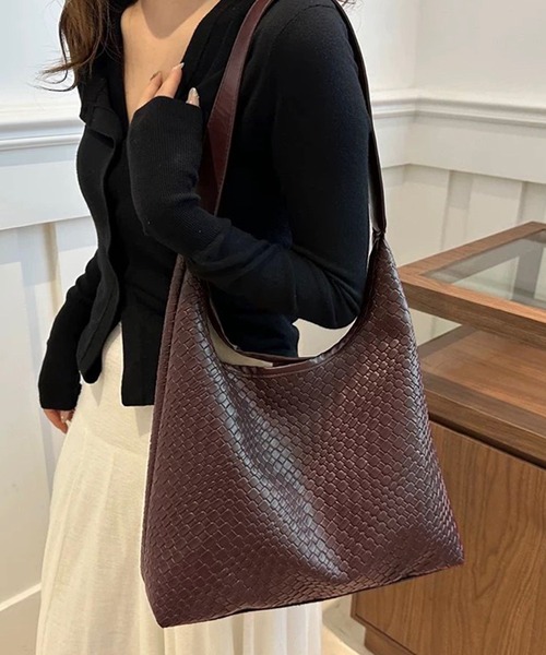 セール】編み込み風 PUレザー トライアングルバッグ（トート