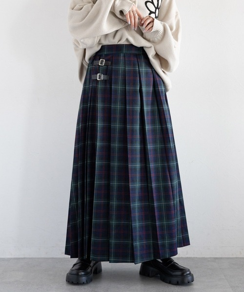 セール】＜選べるミディ＆ロング丈＞Wベルト/キルトチェック