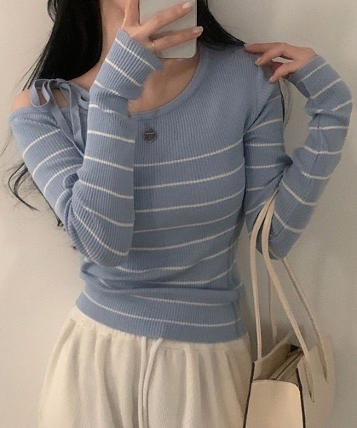 Teem Store(チームストア)の「リボンワンショルボーダーニット(ニット/セーター・レディース・ネイビー/ピンク/ブルー/ホワイト・F)」の15枚目の写真