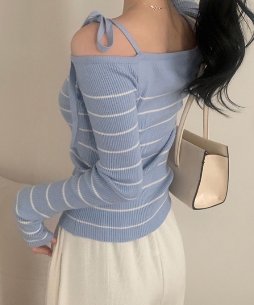 Teem Store(チームストア)の「リボンワンショルボーダーニット(ニット/セーター・レディース・ネイビー/ピンク/ブルー/ホワイト・F)」の16枚目の写真