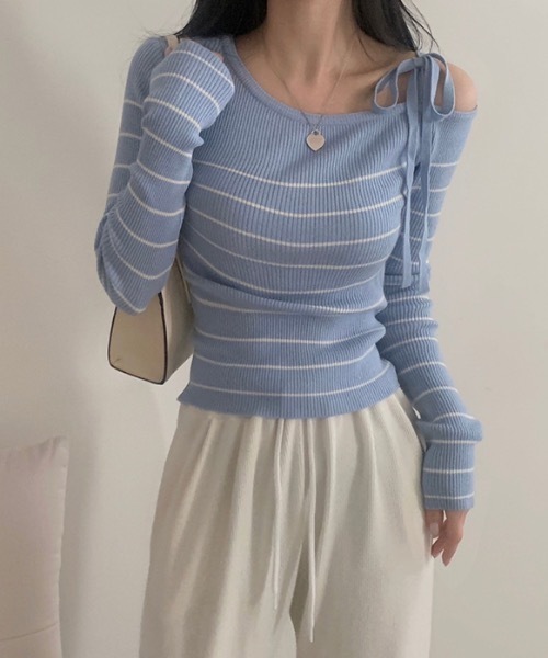 Teem Store(チームストア)の「リボンワンショルボーダーニット(ニット/セーター・レディース・ネイビー/ピンク/ブルー/ホワイト・F)」の18枚目の写真